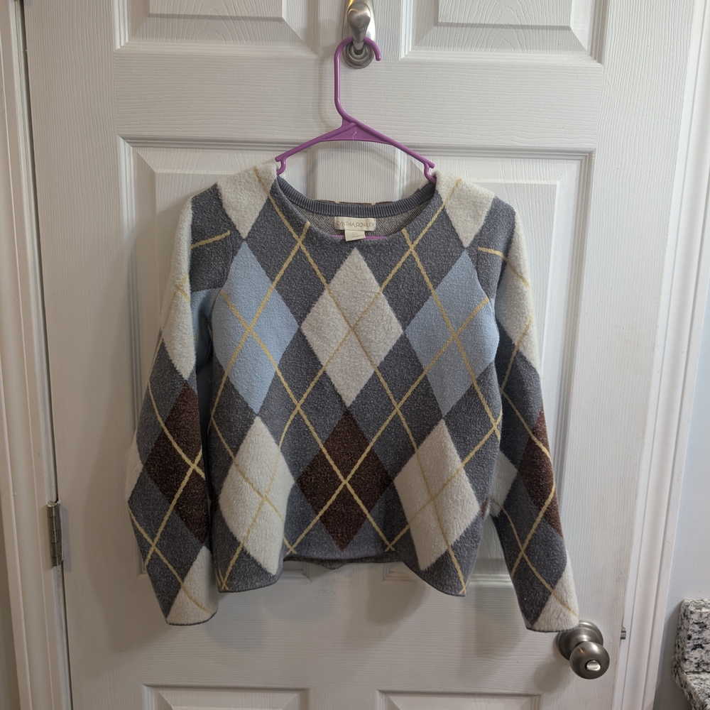 Cynthia Rowley Argyle Crewneck Sweater in Gray, Blue, Cream, Brown